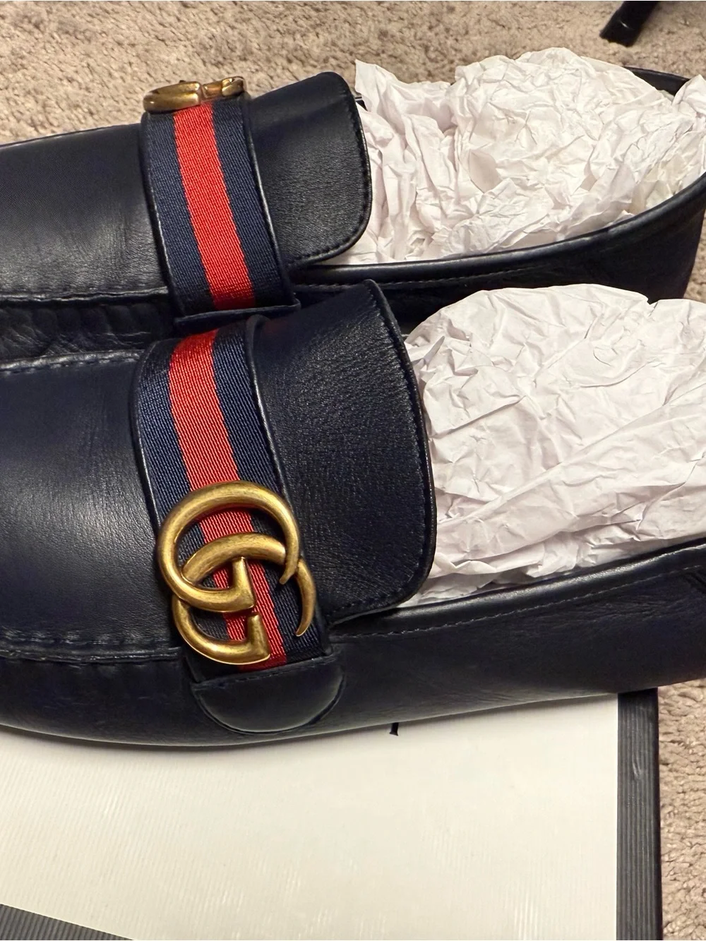 Gucci Navy Leather Loafers with Red Stripe & Gold GG